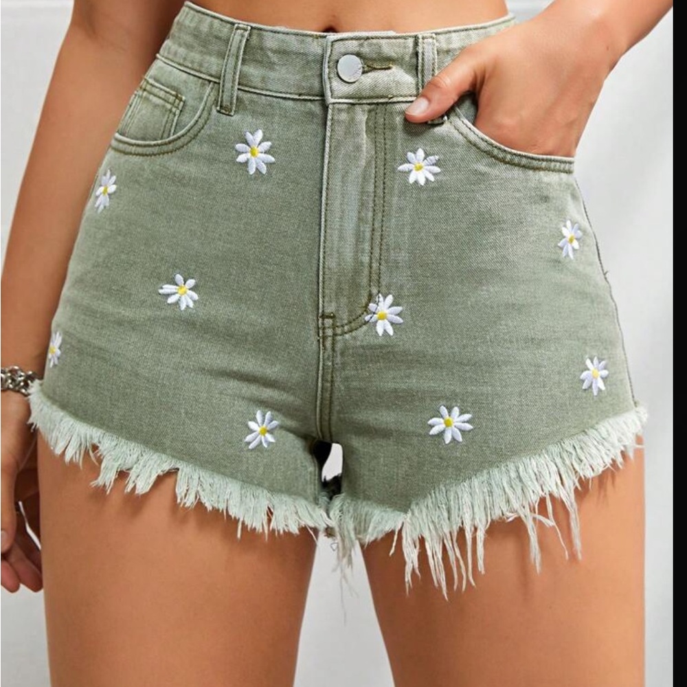 SHEIN Green Jean Shorts with Floral Embroidery